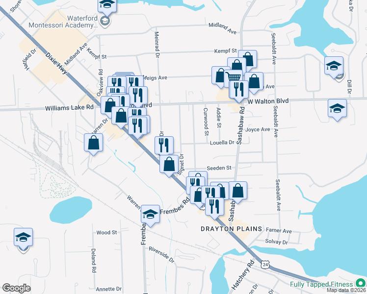 map of restaurants, bars, coffee shops, grocery stores, and more near 4489 Louella Drive in Waterford Township