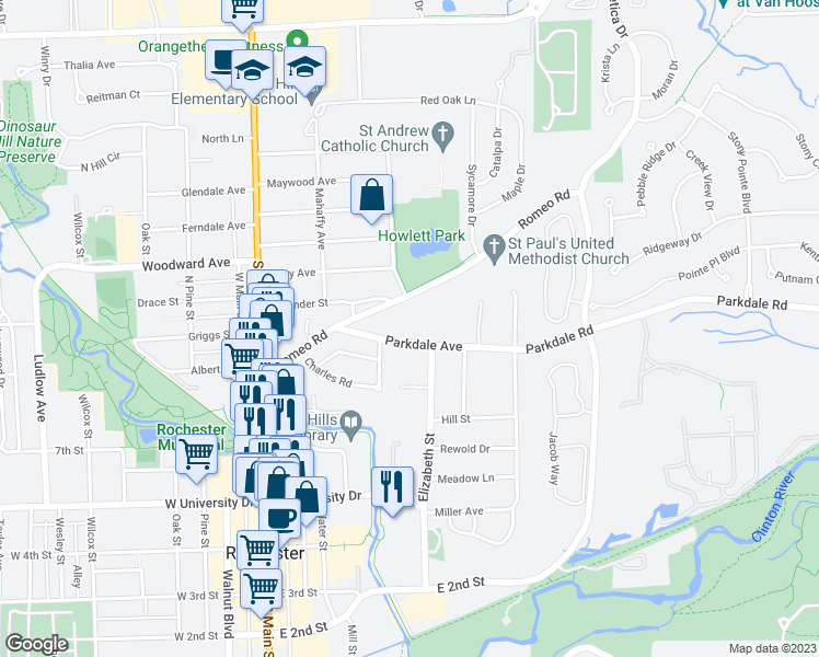 map of restaurants, bars, coffee shops, grocery stores, and more near 417 Parkdale Avenue in Rochester