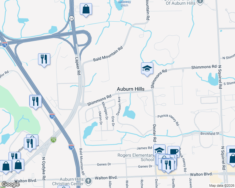 map of restaurants, bars, coffee shops, grocery stores, and more near 2582 Davison Avenue in Auburn Hills
