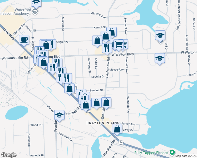 map of restaurants, bars, coffee shops, grocery stores, and more near 4347 Louella Dr in Waterford Township