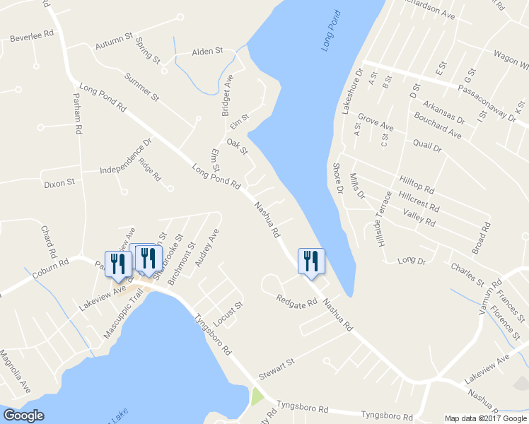 map of restaurants, bars, coffee shops, grocery stores, and more near 829 Nashua Road in Dracut