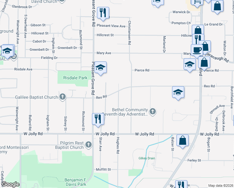 map of restaurants, bars, coffee shops, grocery stores, and more near 2007 Reo Road in Lansing