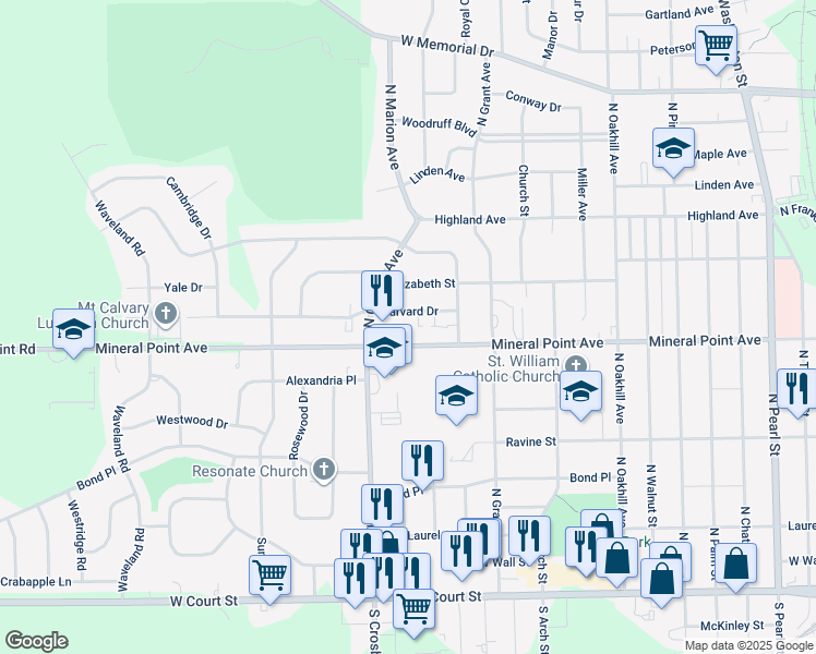 map of restaurants, bars, coffee shops, grocery stores, and more near 2408 Mineral Point Avenue in Janesville