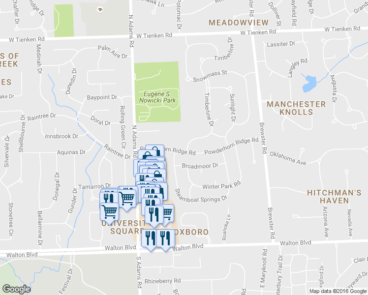 map of restaurants, bars, coffee shops, grocery stores, and more near 401 Timberline Drive in Rochester Hills