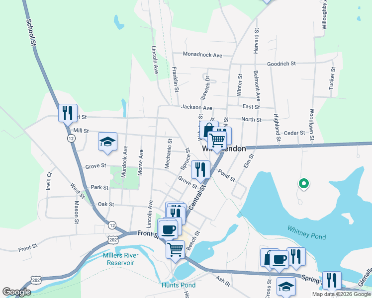 map of restaurants, bars, coffee shops, grocery stores, and more near 123 Spruce Street in Winchendon