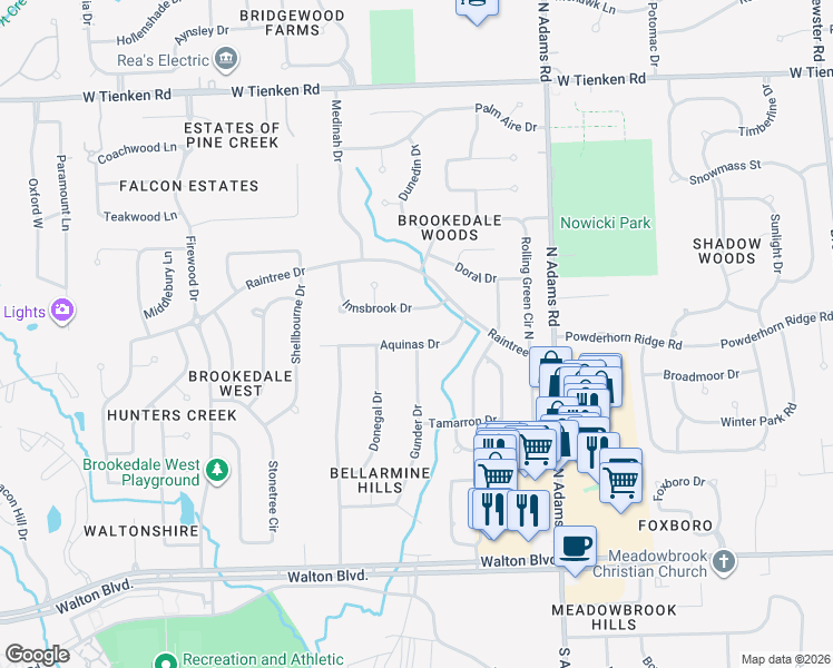 map of restaurants, bars, coffee shops, grocery stores, and more near 3314 Aquinas Drive in Rochester Hills
