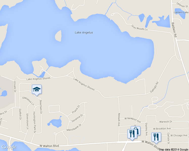 map of restaurants, bars, coffee shops, grocery stores, and more near 900 Lake Angelus Shores in Lake Angelus