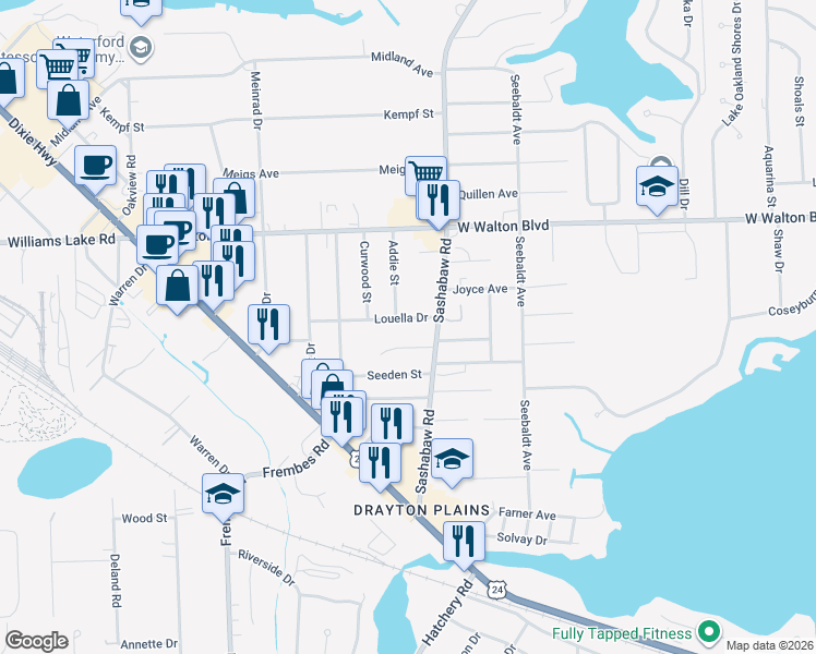 map of restaurants, bars, coffee shops, grocery stores, and more near 4347 Louella Drive in Waterford Township