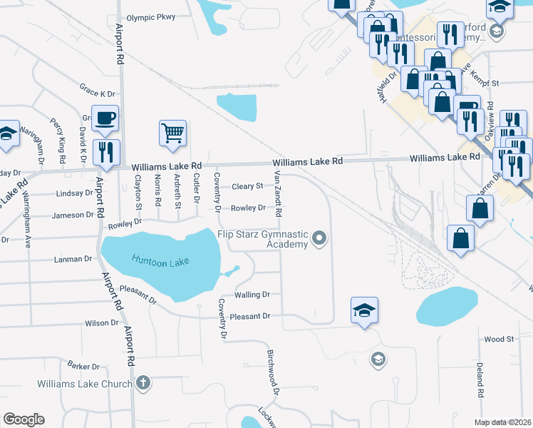 map of restaurants, bars, coffee shops, grocery stores, and more near 5541 Rowley Drive in Waterford Township