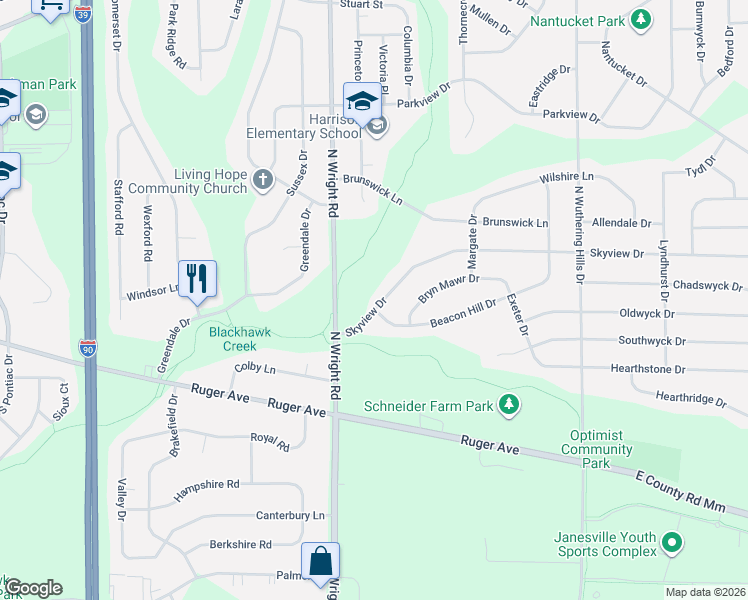 map of restaurants, bars, coffee shops, grocery stores, and more near 3712 Skyview Drive in Janesville