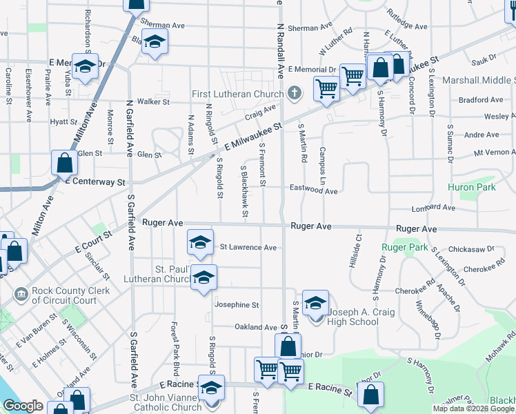 map of restaurants, bars, coffee shops, grocery stores, and more near 77 South Fremont Street in Janesville