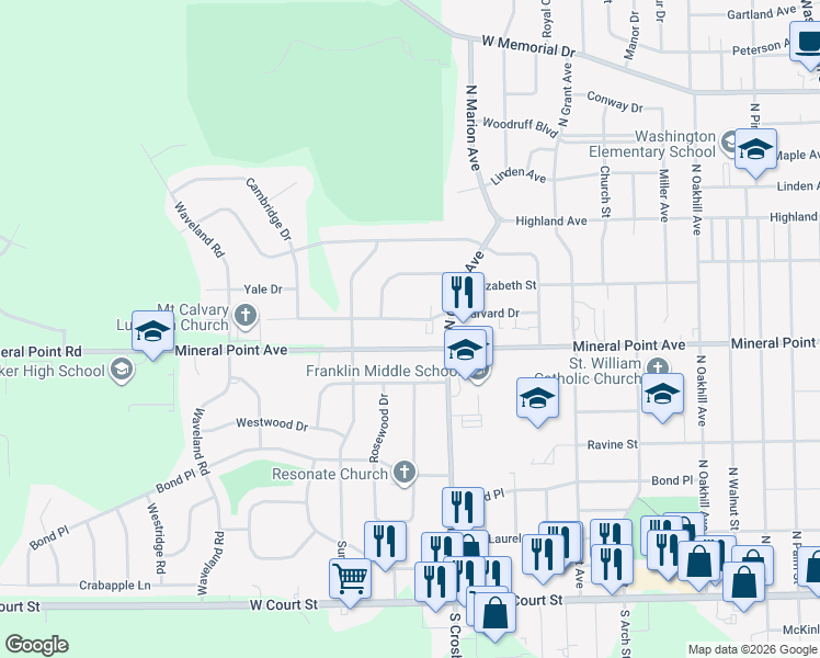 map of restaurants, bars, coffee shops, grocery stores, and more near 2703 Harvard Drive in Janesville