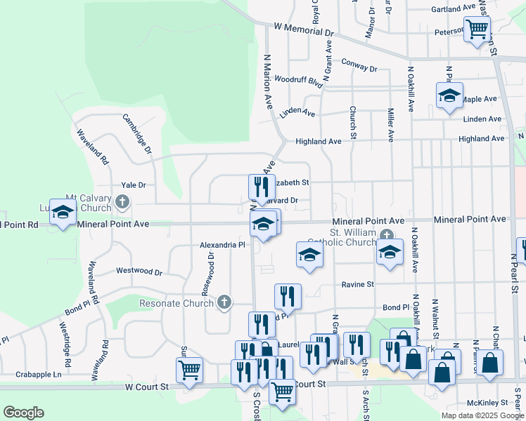 map of restaurants, bars, coffee shops, grocery stores, and more near 2510 Mineral Point Avenue in Janesville
