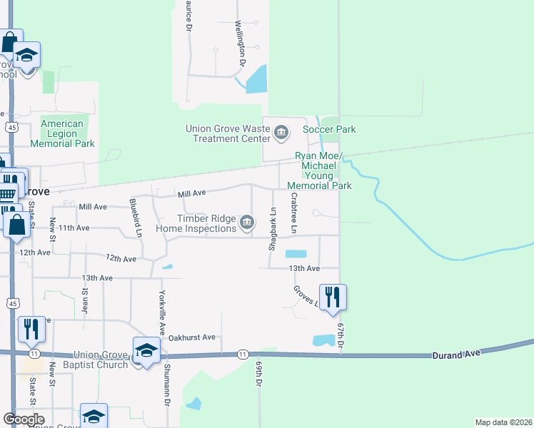 map of restaurants, bars, coffee shops, grocery stores, and more near 1048 Shagbark Ln in Union Grove
