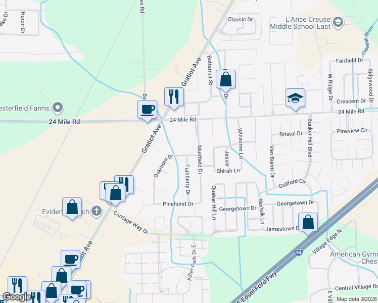 map of restaurants, bars, coffee shops, grocery stores, and more near 28999 Oakmont Drive in New Baltimore