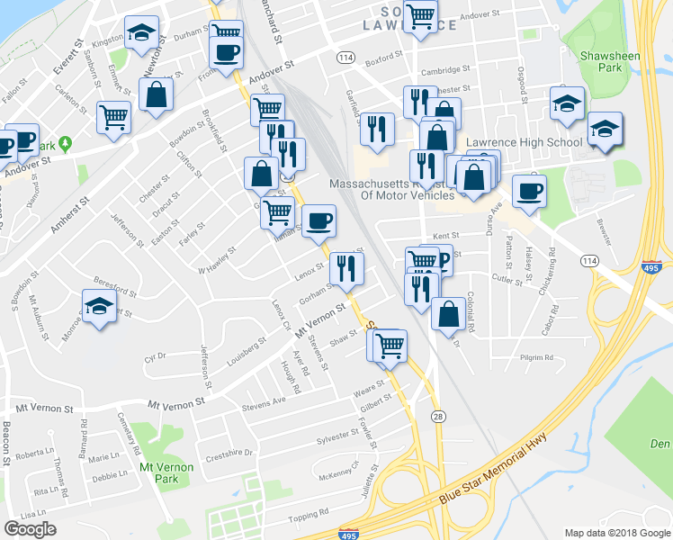 map of restaurants, bars, coffee shops, grocery stores, and more near 366 South Broadway in Lawrence