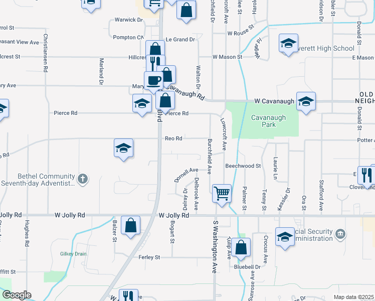 map of restaurants, bars, coffee shops, grocery stores, and more near 920 Vincent Court in Lansing