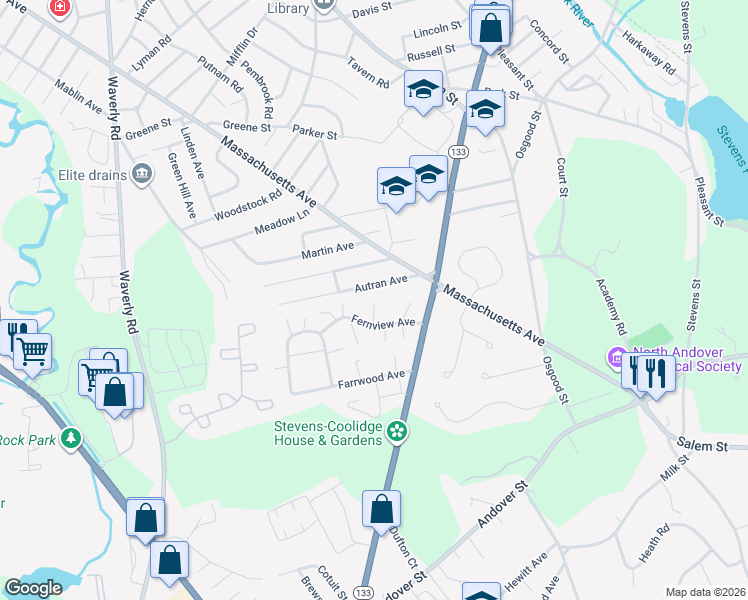 map of restaurants, bars, coffee shops, grocery stores, and more near 37 Fernview Avenue in North Andover