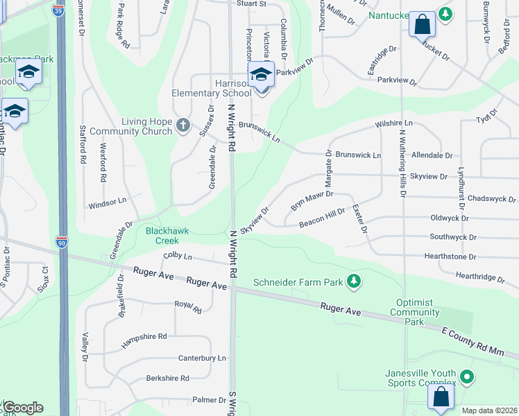 map of restaurants, bars, coffee shops, grocery stores, and more near 3712 Skyview Drive in Janesville