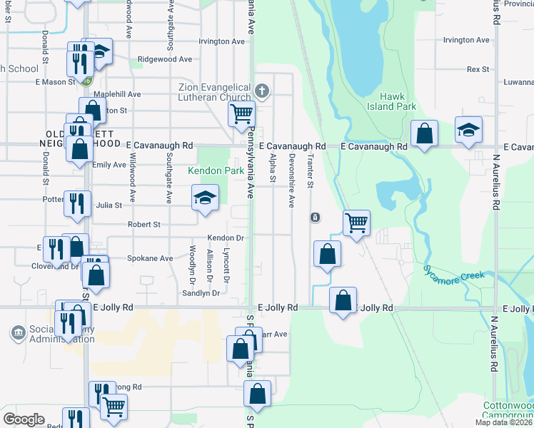 map of restaurants, bars, coffee shops, grocery stores, and more near 4608 Alpha Street in Lansing