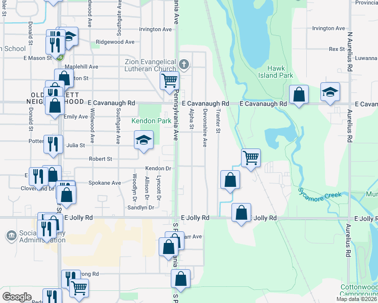 map of restaurants, bars, coffee shops, grocery stores, and more near 4608 Alpha Street in Lansing