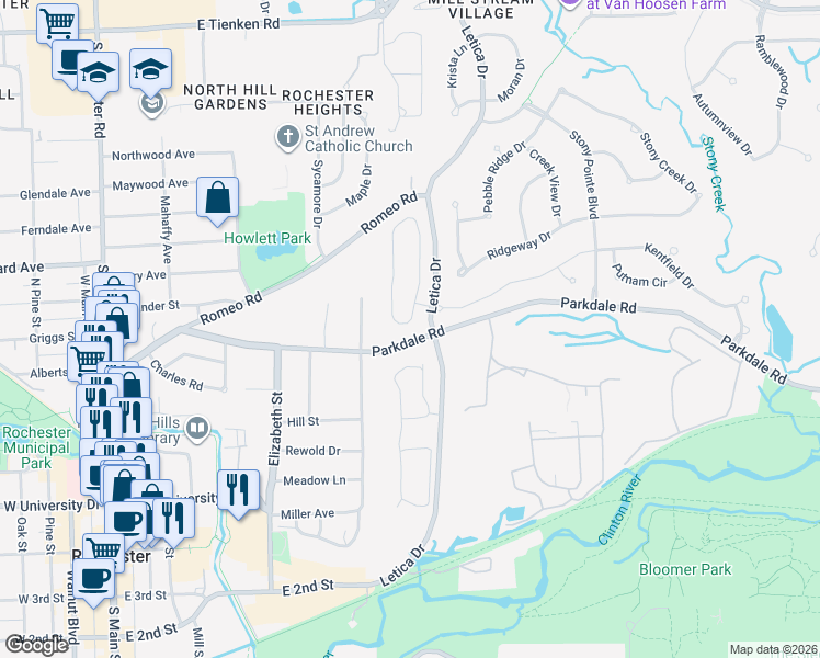 map of restaurants, bars, coffee shops, grocery stores, and more near 944 Churchill Circle in Rochester