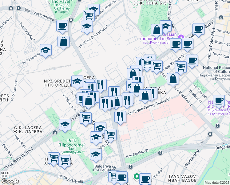 map of restaurants, bars, coffee shops, grocery stores, and more near 89 Bulevard General Eduard I. Totleben in Sofia