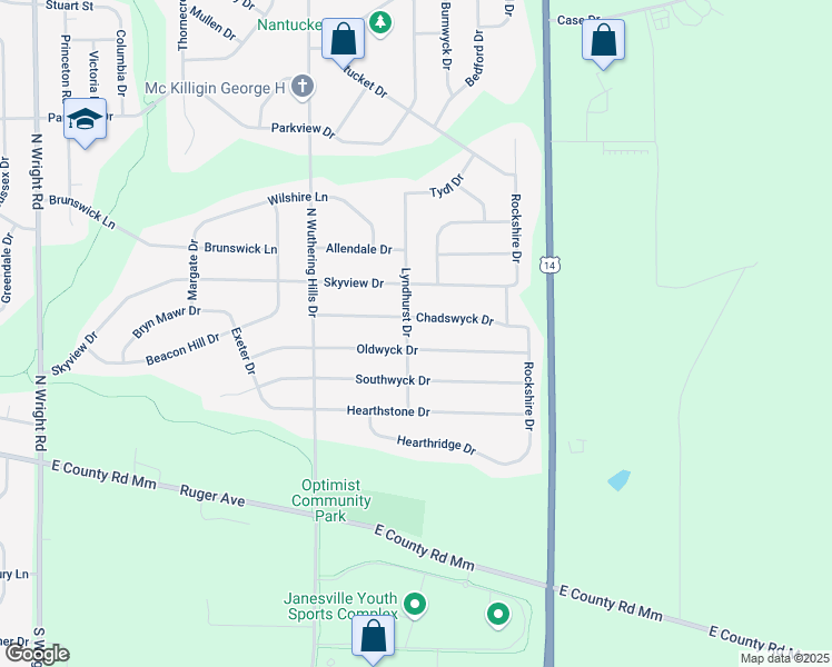 map of restaurants, bars, coffee shops, grocery stores, and more near 412 Lyndhurst Drive in Janesville