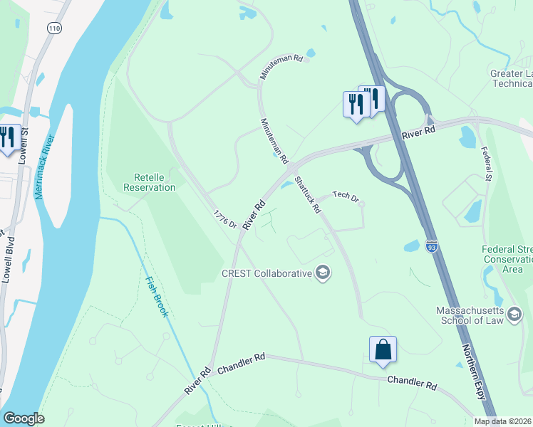 map of restaurants, bars, coffee shops, grocery stores, and more near 168 River Road in Andover