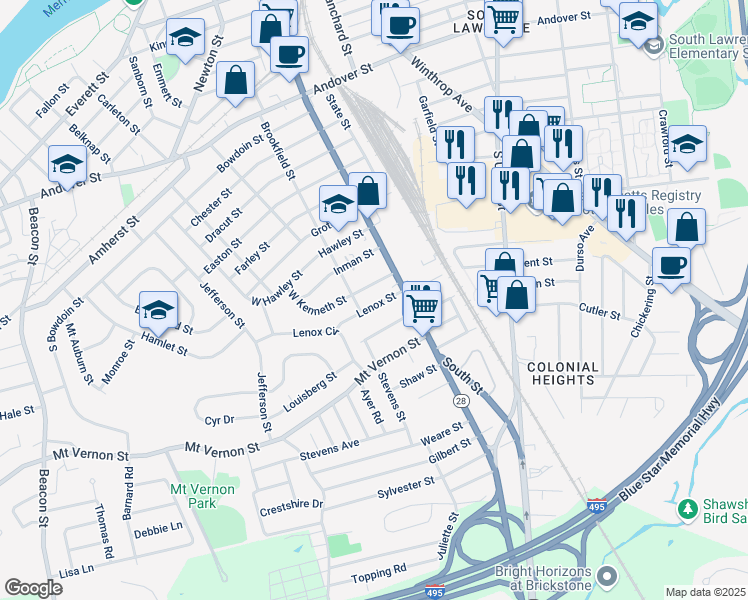 map of restaurants, bars, coffee shops, grocery stores, and more near 19 Lenox Street in Lawrence