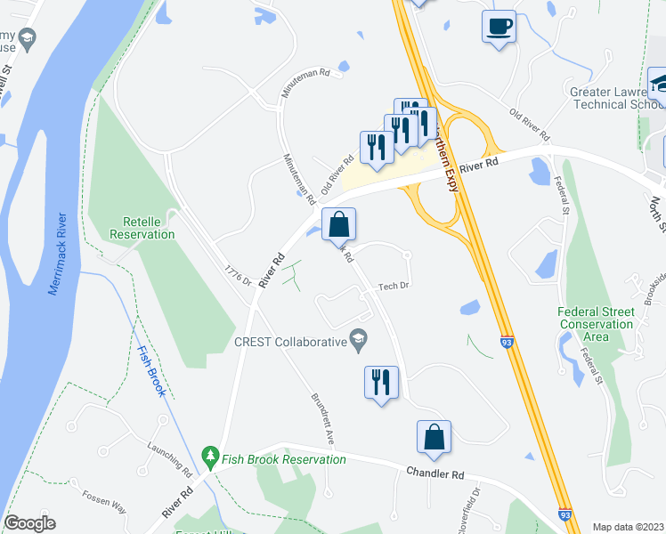 map of restaurants, bars, coffee shops, grocery stores, and more near 3000 Minuteman Road in Andover