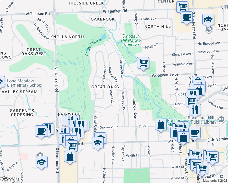 map of restaurants, bars, coffee shops, grocery stores, and more near 991 Ironwood Drive in Rochester