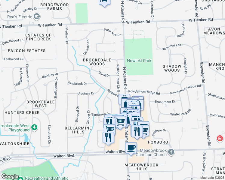 map of restaurants, bars, coffee shops, grocery stores, and more near 520 Pinehurst Drive in Rochester Hills