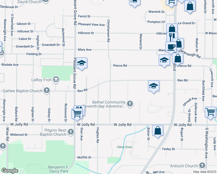 map of restaurants, bars, coffee shops, grocery stores, and more near 4620 Christiansen Road in Lansing
