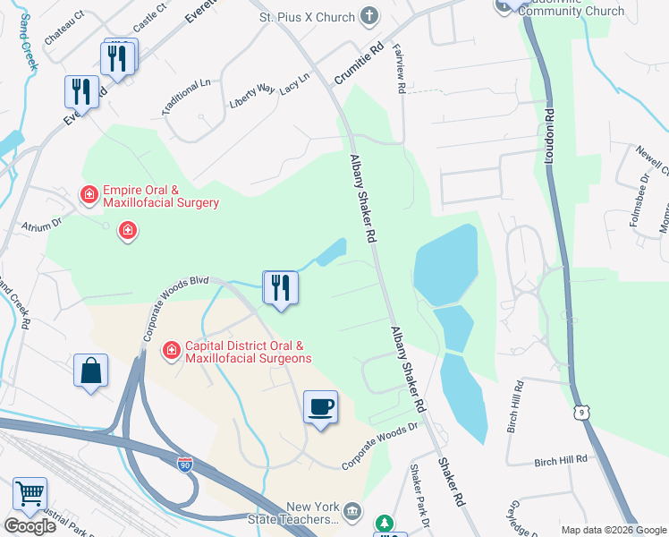 map of restaurants, bars, coffee shops, grocery stores, and more near 330 Albany Shaker Road in Albany