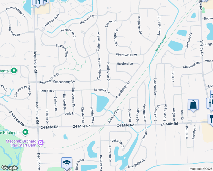 map of restaurants, bars, coffee shops, grocery stores, and more near 53661 Huntington Drive in Macomb County
