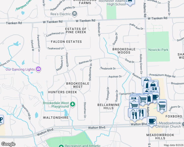 map of restaurants, bars, coffee shops, grocery stores, and more near 3490 Aquinas Drive in Rochester Hills