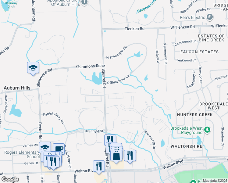 map of restaurants, bars, coffee shops, grocery stores, and more near 3053 Bridgewater Road in Auburn Hills