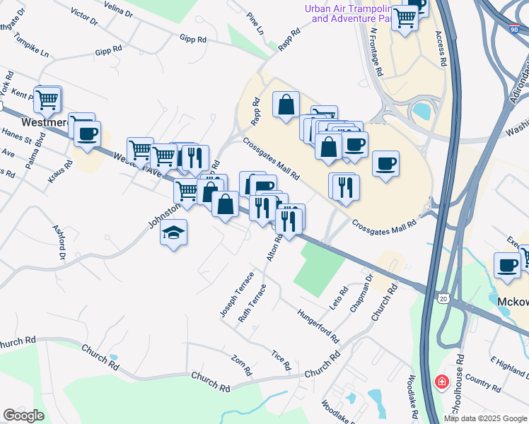 map of restaurants, bars, coffee shops, grocery stores, and more near 1671 Western Avenue in Albany