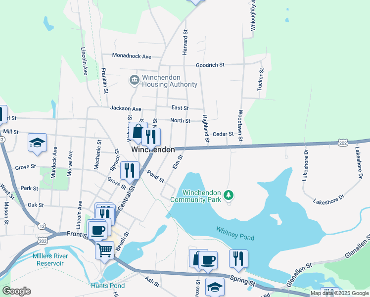 map of restaurants, bars, coffee shops, grocery stores, and more near Elm Street in Winchendon