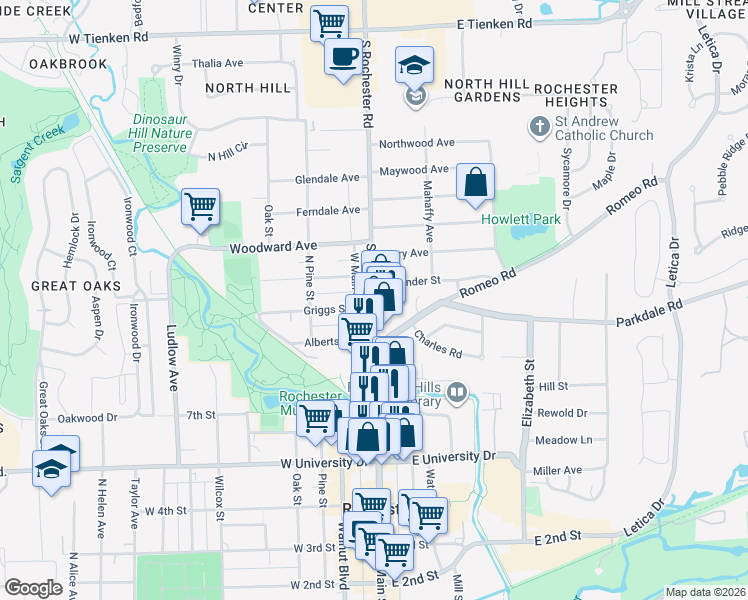 map of restaurants, bars, coffee shops, grocery stores, and more near North Main Street in Rochester