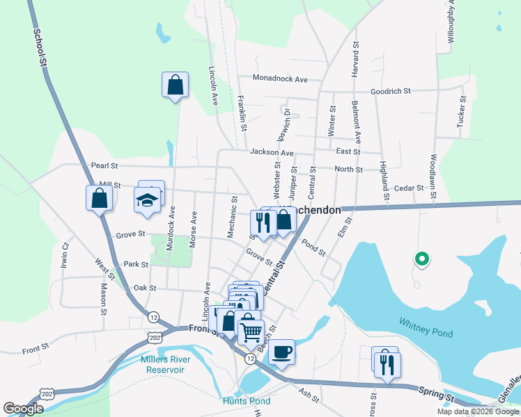 map of restaurants, bars, coffee shops, grocery stores, and more near 123 Spruce Street in Winchendon
