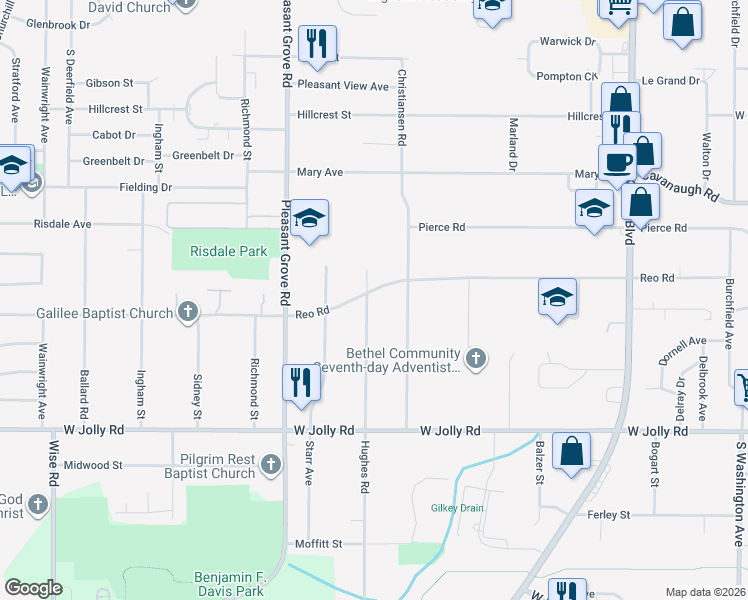 map of restaurants, bars, coffee shops, grocery stores, and more near 2007 Reo Road in Lansing