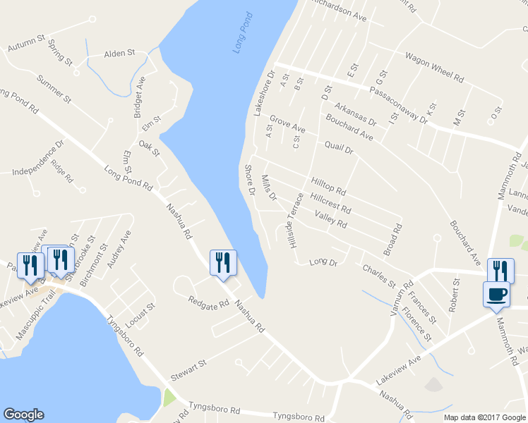 map of restaurants, bars, coffee shops, grocery stores, and more near 300 Long Pond Drive in Dracut