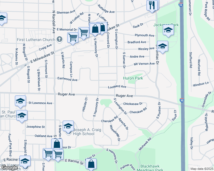 map of restaurants, bars, coffee shops, grocery stores, and more near 2127 Lombard Avenue in Janesville