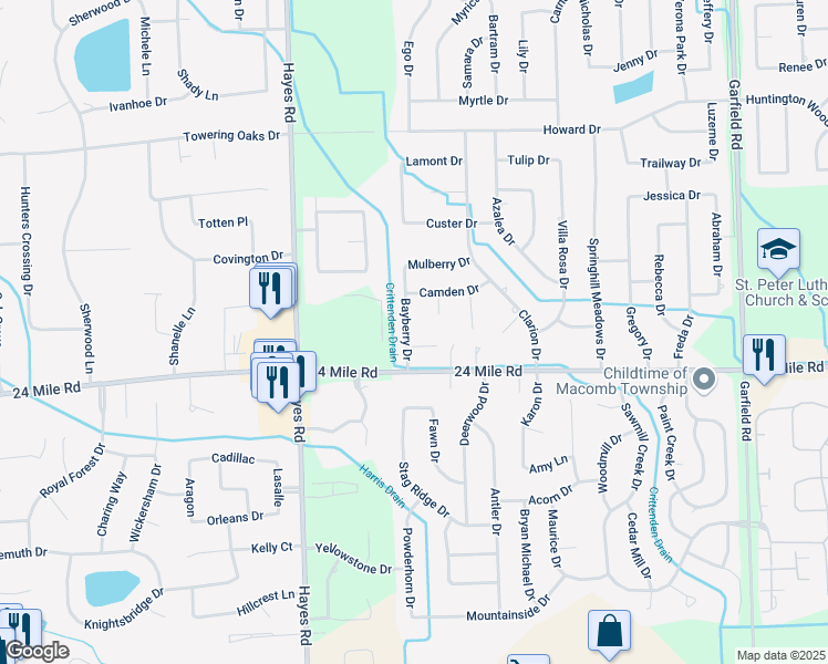 map of restaurants, bars, coffee shops, grocery stores, and more near 53046 Bayberry Drive in Macomb