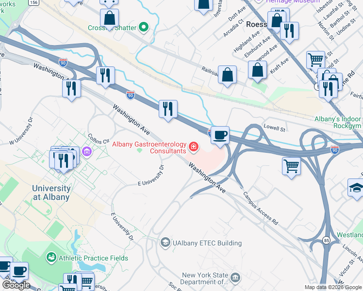 map of restaurants, bars, coffee shops, grocery stores, and more near in Albany
