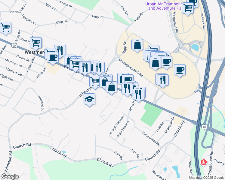 map of restaurants, bars, coffee shops, grocery stores, and more near 1704 Western Avenue in Albany