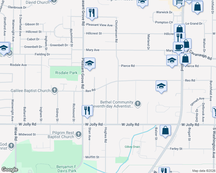 map of restaurants, bars, coffee shops, grocery stores, and more near 2007 Reo Road in Lansing