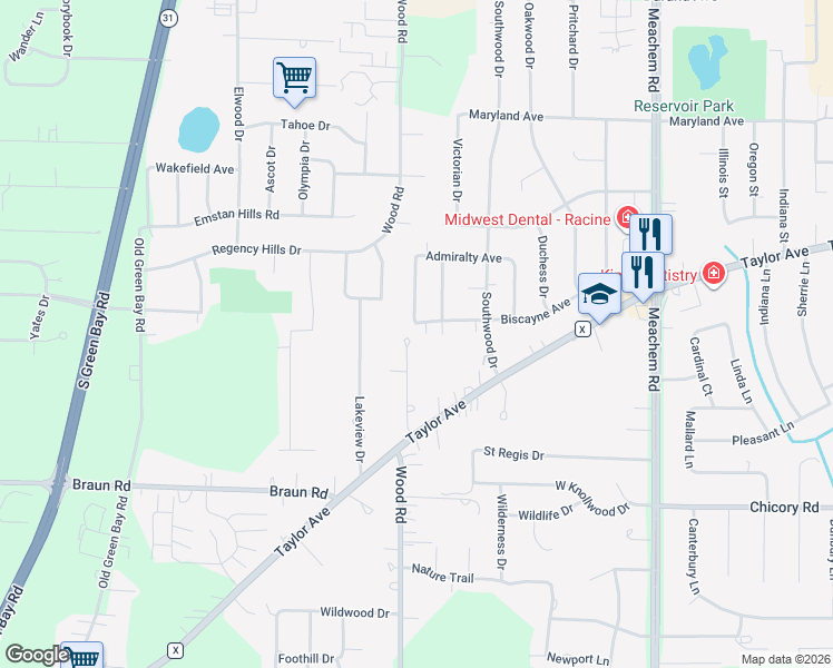 map of restaurants, bars, coffee shops, grocery stores, and more near 3821 Pinehill Boulevard in Racine